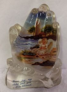 VINTAGE 3D Praying Hands Glass Table  Ornament Decor Kneeling Child Angel Signed